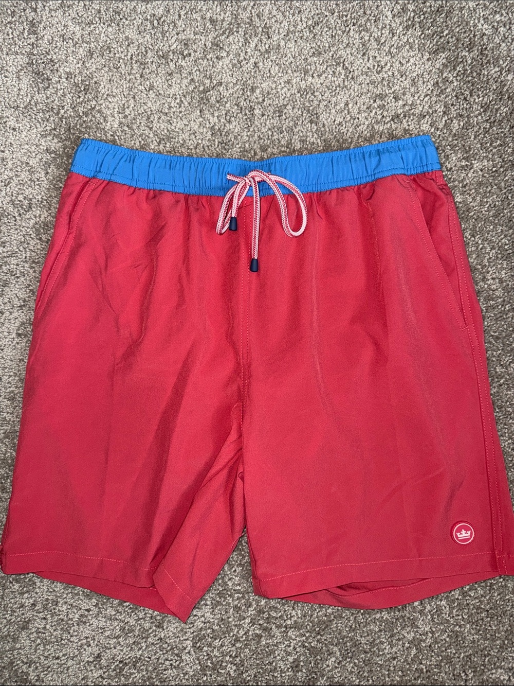 Peter Millar Red Swim Board Shorts with Blue Waistband